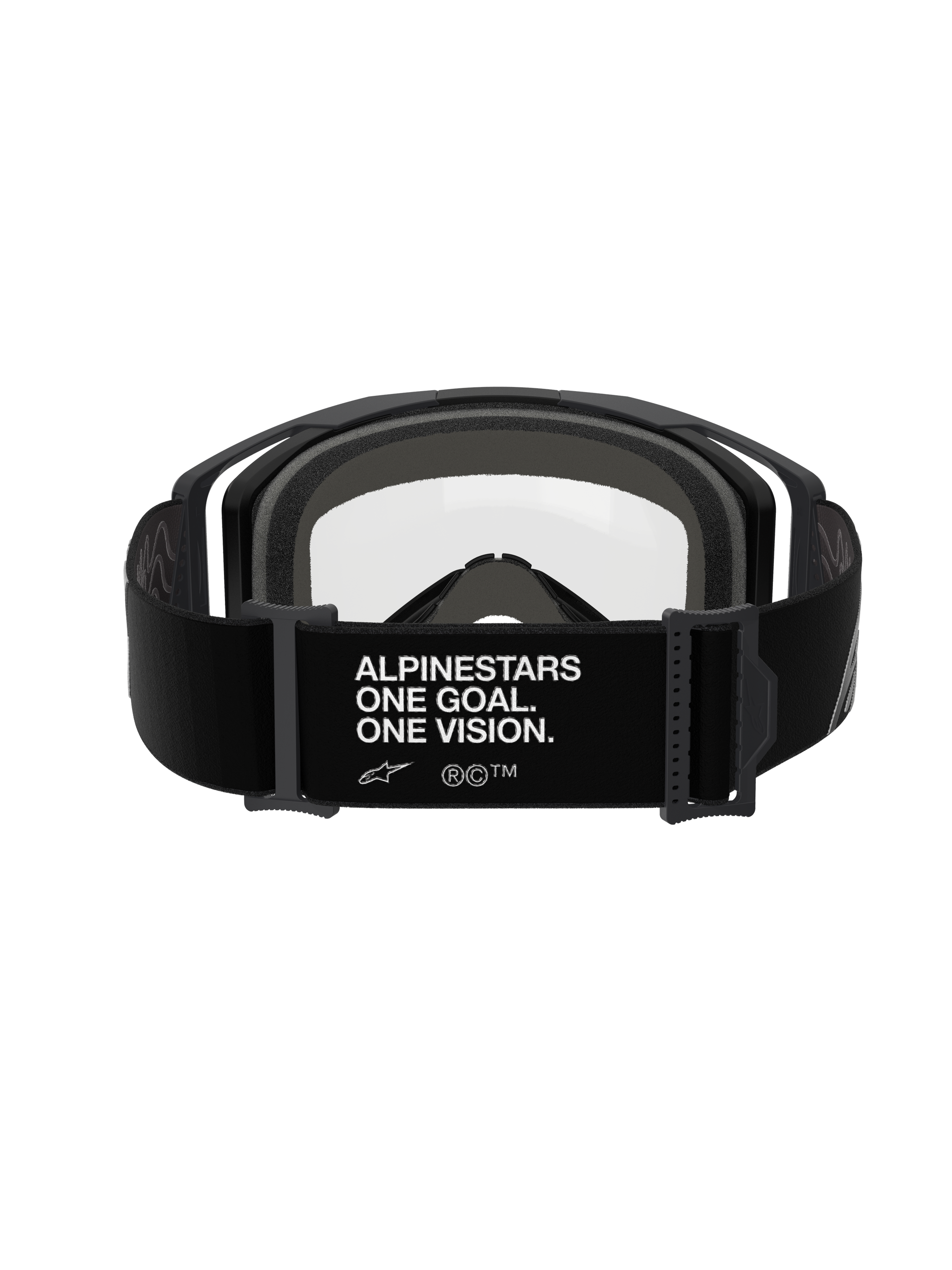 Alpinestars Vision 8 Corp Bril - Dual Pane, Zwart Helder, achteraanzicht met brede zwarte band met wit 'ALPINESTARS ONE GOAL. ONE VISION.' opschrift, zwart frame met heldere polycarbonaat lens en dik grijs meerlaags gezichtsschuim, professionele motocrossbril