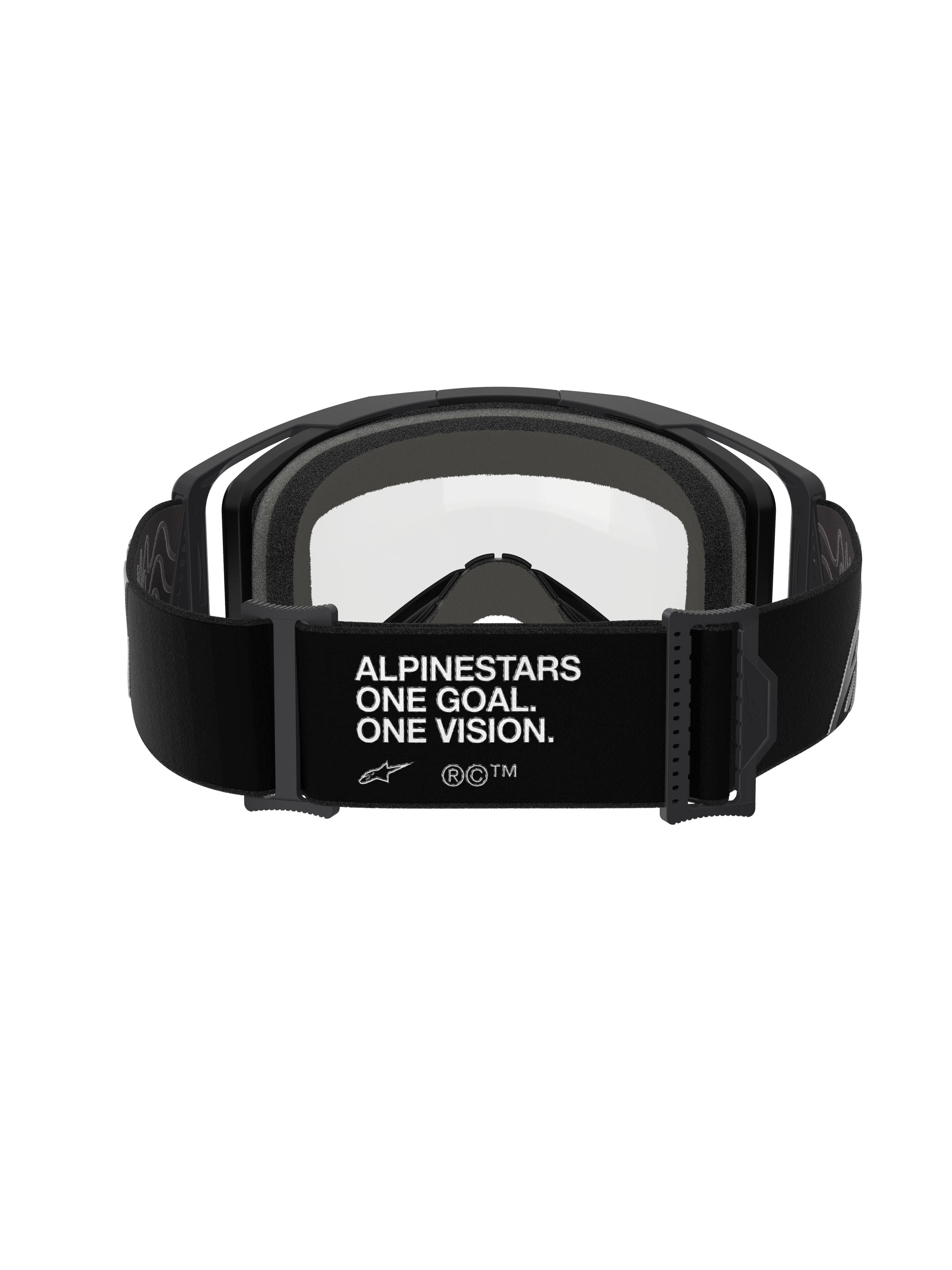 Alpinestars Vision 8 Corp Goggles - Dual Pane, Black Clear, rear view featuring wide black strap with white 'ALPINESTARS ONE GOAL. ONE VISION.' branding, black frame with clear polycarbonate lens and thick gray multi-layer face foam, professional motocross eyewear