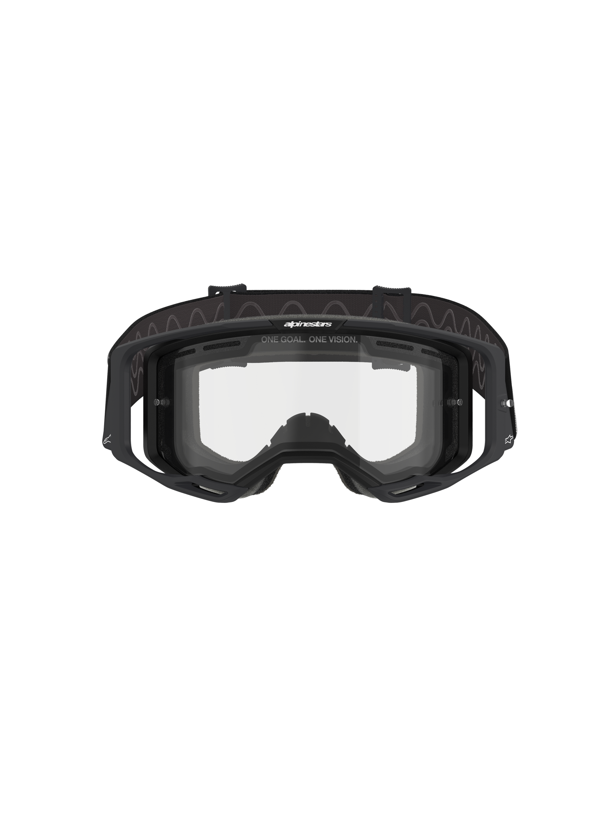 Alpinestars Vision 8 Corp Goggles - Dual Pane, motocrossbril, zwart frame met heldere dual-pane lens, vooraanzicht met outriggers en "ONE GOAL. ONE VISION." branding, technische oogbescherming voor off-road racen