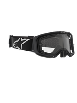 Alpinestars Vision 8 Corp Goggles, Dual Pane, motorcrossbril, zwart frame met heldere lens, brede zwarte band met een groot wit Alpinestars-logo, technische oogbescherming voor off-road racen