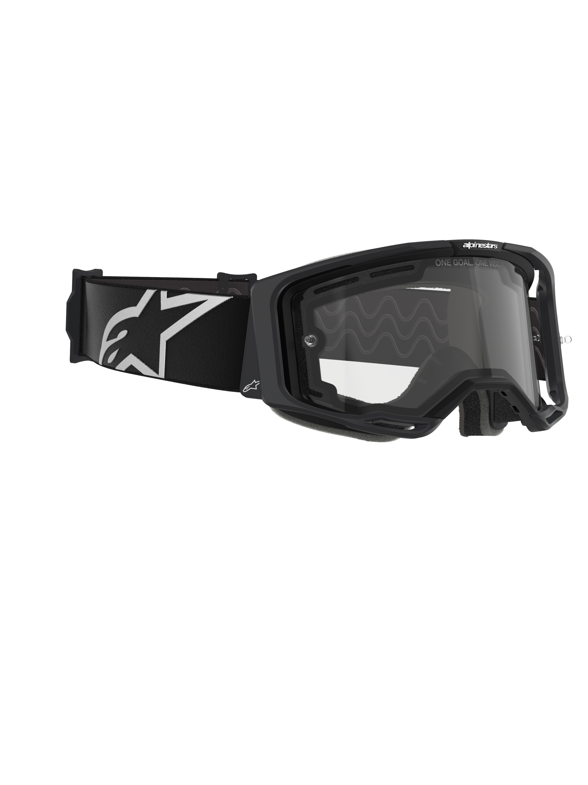Alpinestars Vision 8 Corp Goggles, Dual Pane, motorcrossbril, zwart frame met heldere lens, brede zwarte band met een groot wit Alpinestars-logo, technische oogbescherming voor off-road racen