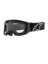 Alpinestars Vision 8 Corp Goggles - Dual Pane, motorcrossbril, zwart frame met een heldere dual-pane lens, brede zwarte band met een opvallend wit Alpinestars-sterlogo, strak prestatiegericht design met ventilatieopeningen voor off-road racing