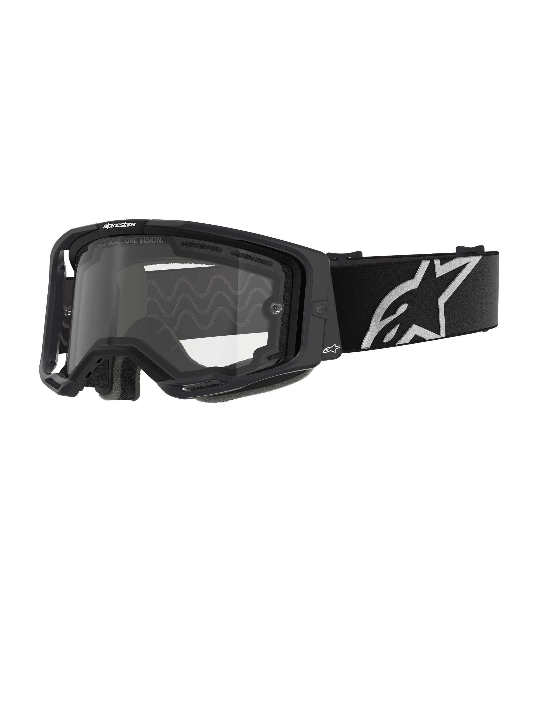 Alpinestars Vision 8 Corp Goggles - Dual Pane, motorcrossbril, zwart frame met een heldere dual-pane lens, brede zwarte band met een opvallend wit Alpinestars-sterlogo, strak prestatiegericht design met ventilatieopeningen voor off-road racing