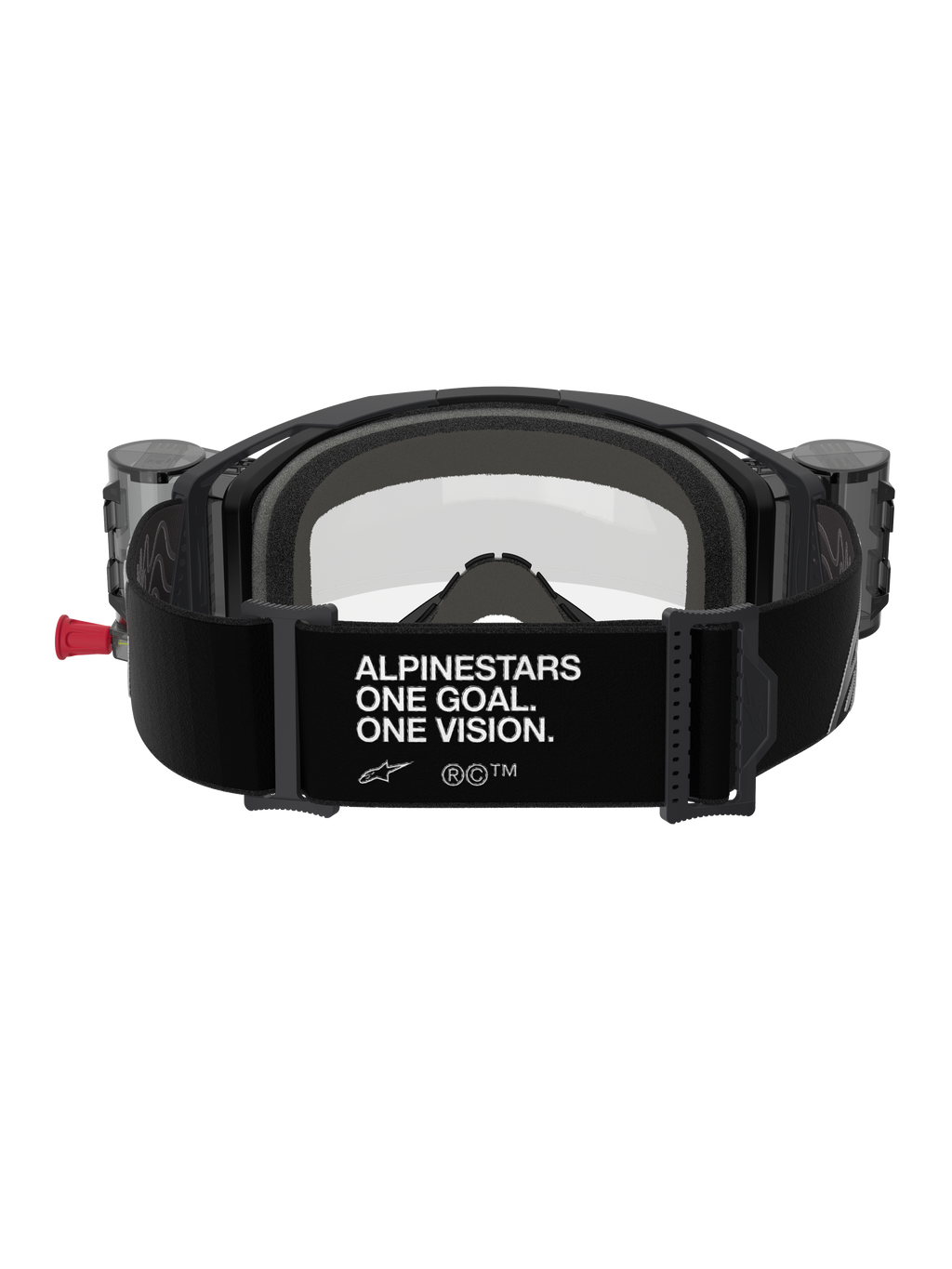 Alpinestars Vision 8 Corp Roll-Off crossbril, achteraanzicht, zwarte band met witte 'ALPINESTARS ONE GOAL. ONE VISION.' slogan, geïntegreerde roll-off canisters, heldere lens en schuimvulling voor motorcross
