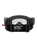 Alpinestars Vision 8 Corp Roll-Off crossbril, achteraanzicht, zwarte band met witte 'ALPINESTARS ONE GOAL. ONE VISION.' slogan, geïntegreerde roll-off canisters, heldere lens en schuimvulling voor motorcross