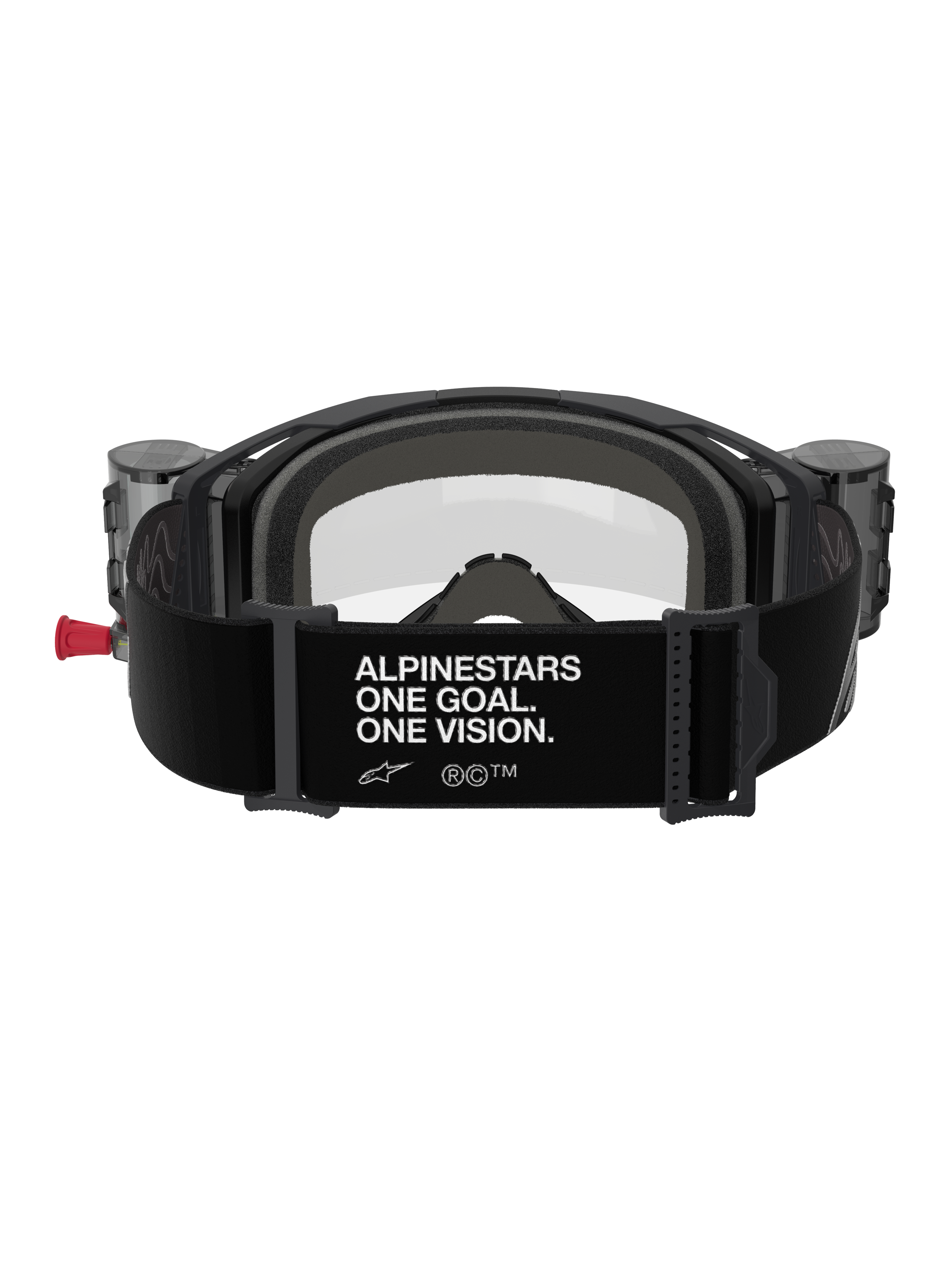 Alpinestars Vision 8 Corp Roll-Off crossbril, achteraanzicht, zwarte band met witte 'ALPINESTARS ONE GOAL. ONE VISION.' slogan, geïntegreerde roll-off canisters, heldere lens en schuimvulling voor motorcross