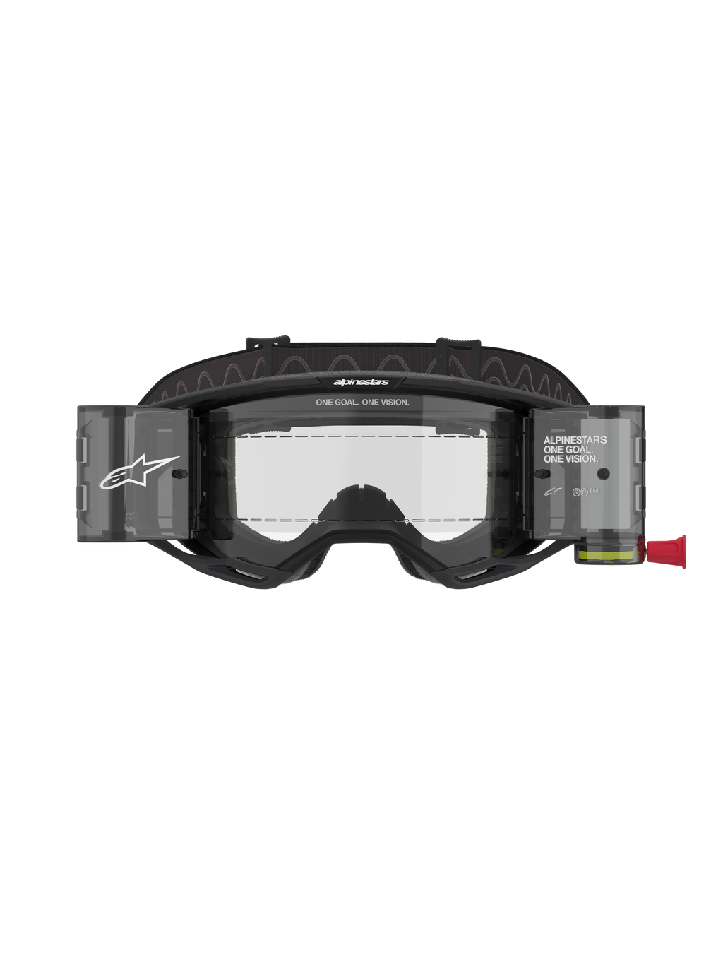 Alpinestars Vision 8 Corp Goggles Roll Off, motocrossbril, zwart frame met heldere lens, voorzien van een geïntegreerd roll-off systeem met doorschijnende canisters en een brede zwarte band met merklogo, professionele oogbescherming voor racing