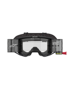 Alpinestars Vision 8 Corp Goggles Roll Off, motocrossbril, zwart frame met heldere lens, voorzien van een geïntegreerd roll-off systeem met doorschijnende canisters en een brede zwarte band met merklogo, professionele oogbescherming voor racing