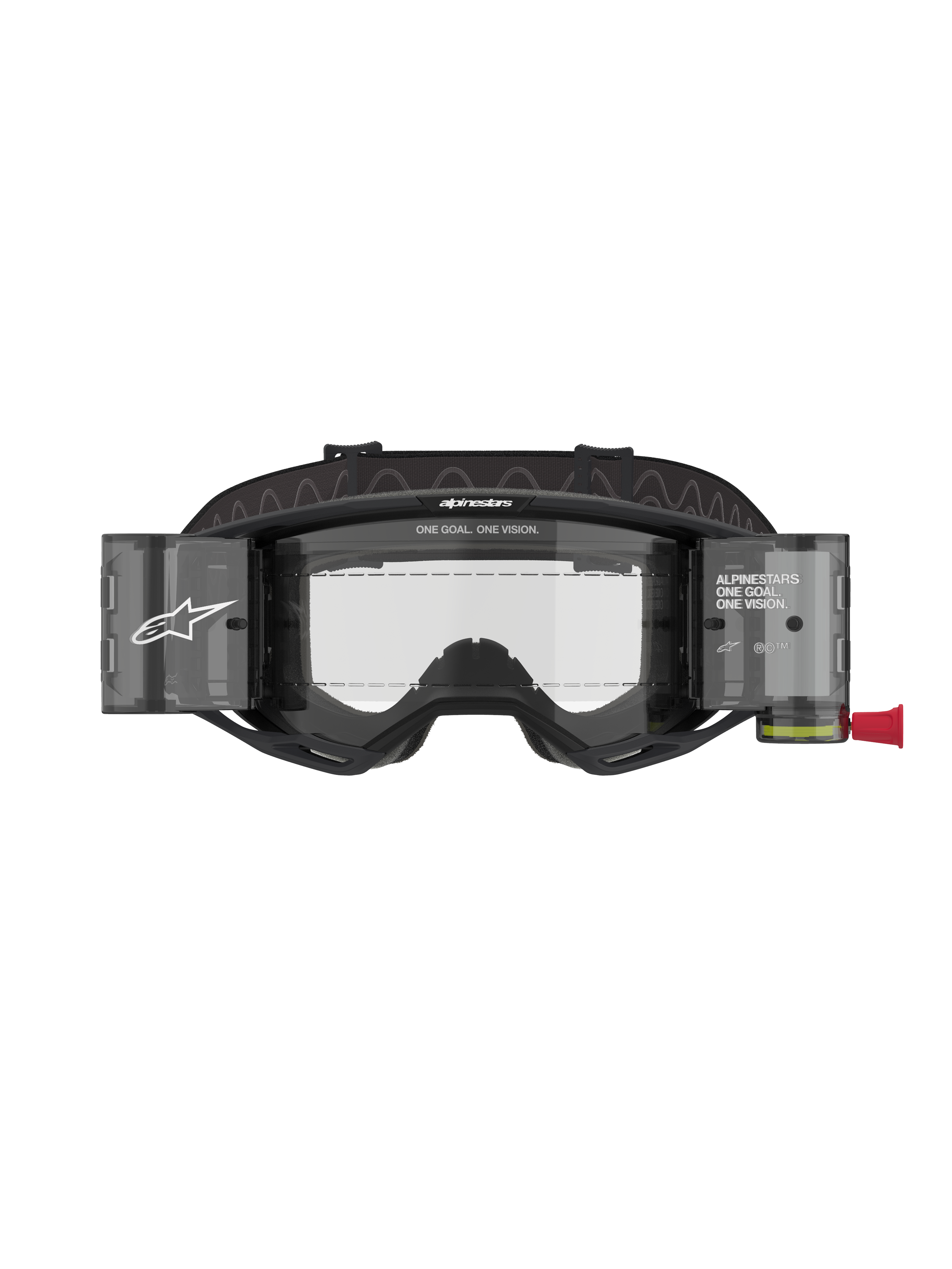 Alpinestars Vision 8 Corp Goggles Roll Off, motocrossbril, zwart frame met heldere lens, voorzien van een geïntegreerd roll-off systeem met doorschijnende canisters en een brede zwarte band met merklogo, professionele oogbescherming voor racing