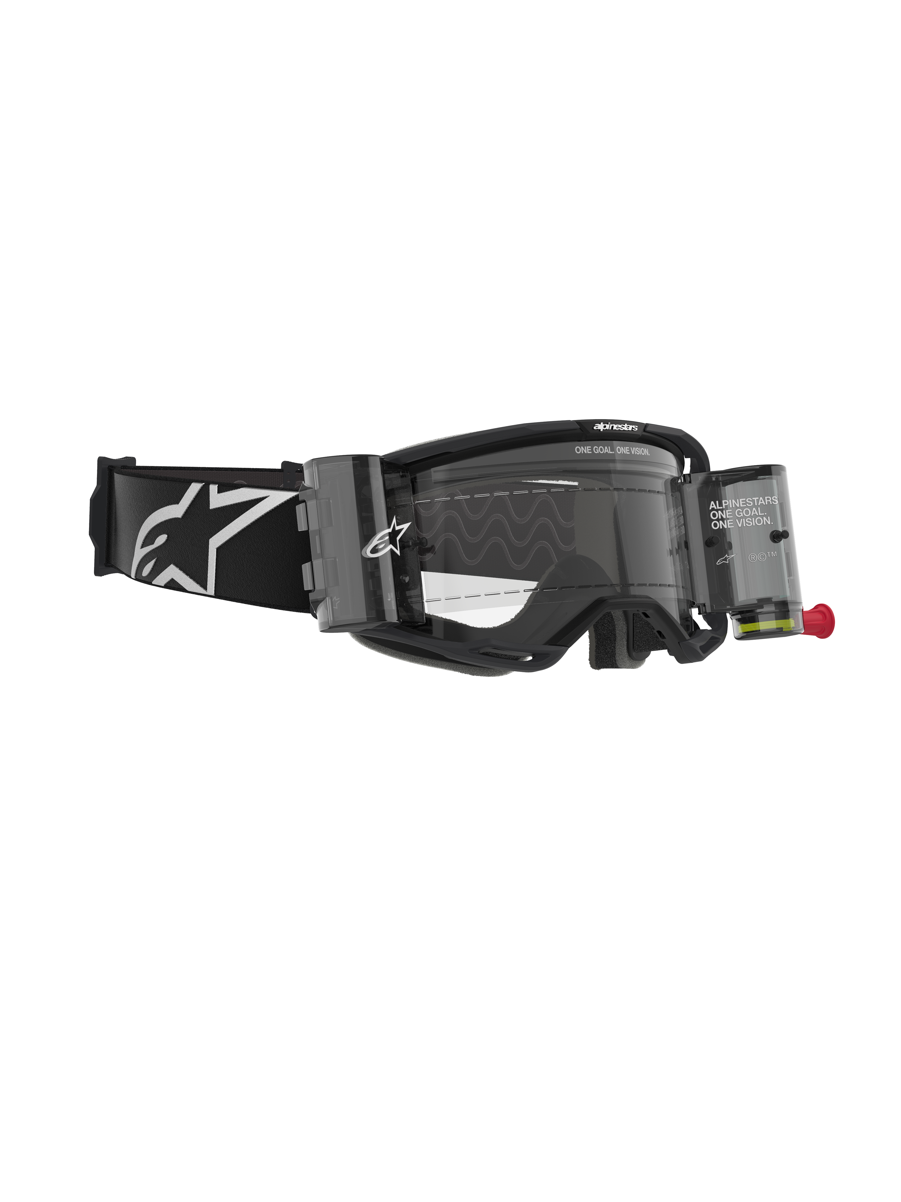 Alpinestars Vision 8 Corp Goggles, motorcrossbril met Roll-Off systeem, zwart en helder, met transparante filmcanisters, een heldere lens en een brede zwarte band met een groot wit Alpinestars-logo