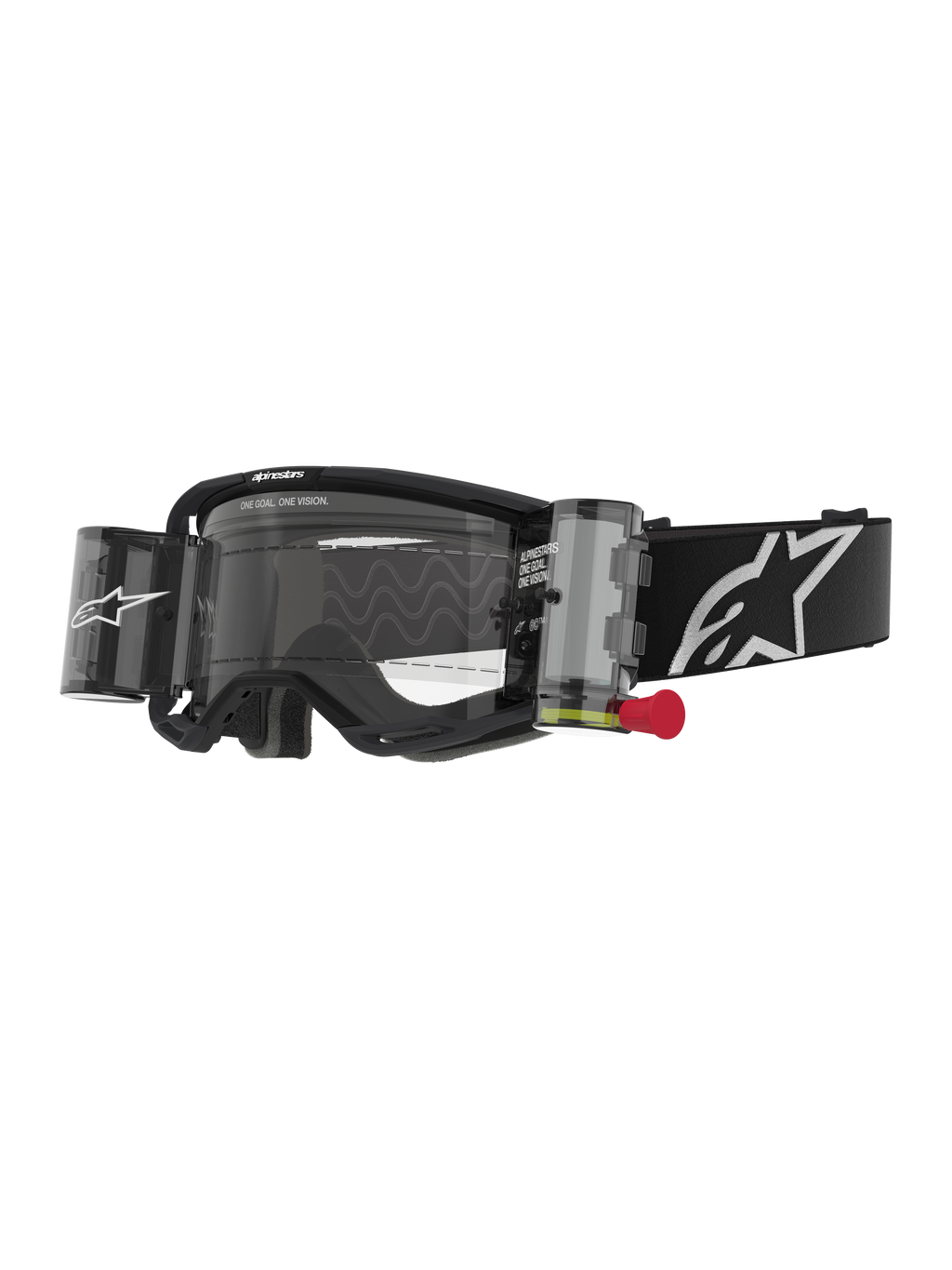 Alpinestars Vision 8 Corp Roll Off motorcrossbril, zwart en helder, geïntegreerd roll-off systeem met rood trekkoord, zwarte band met wit logo, golvend lenspatroon met "ONE GOAL. ONE VISION." tekst, hoogwaardige oogbescherming voor off-road racen