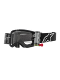 Alpinestars Vision 8 Corp Roll Off motorcrossbril, zwart en helder, geïntegreerd roll-off systeem met rood trekkoord, zwarte band met wit logo, golvend lenspatroon met "ONE GOAL. ONE VISION." tekst, hoogwaardige oogbescherming voor off-road racen