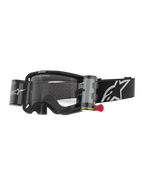 Alpinestars Vision 8 Corp Roll Off motorcrossbril, zwart en helder, geïntegreerd roll-off systeem met rood trekkoord, zwarte band met wit logo, golvend lenspatroon met "ONE GOAL. ONE VISION." tekst, hoogwaardige oogbescherming voor off-road racen