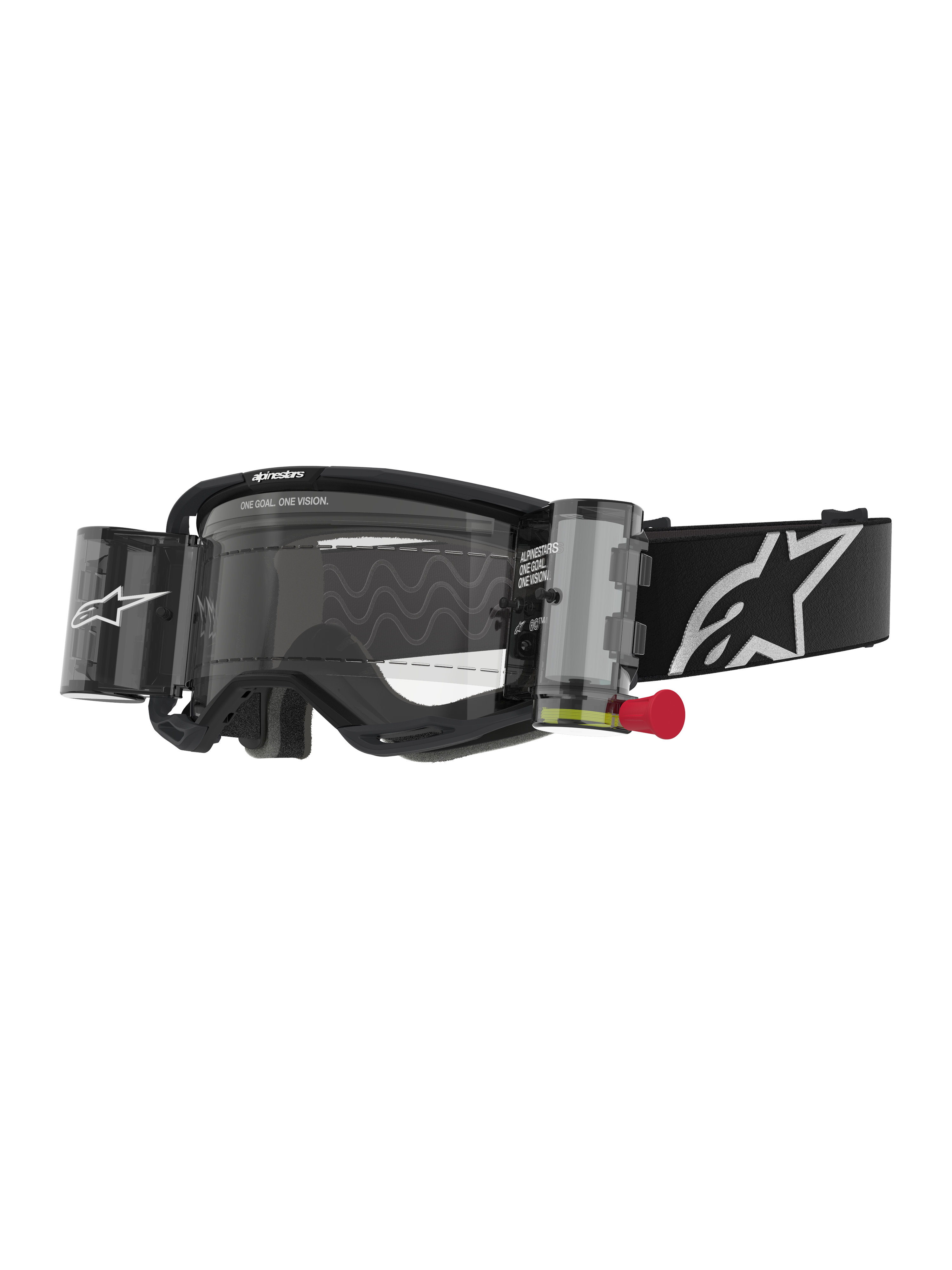 Alpinestars Vision 8 Corp Roll Off motorcrossbril, zwart en helder, geïntegreerd roll-off systeem met rood trekkoord, zwarte band met wit logo, golvend lenspatroon met "ONE GOAL. ONE VISION." tekst, hoogwaardige oogbescherming voor off-road racen
