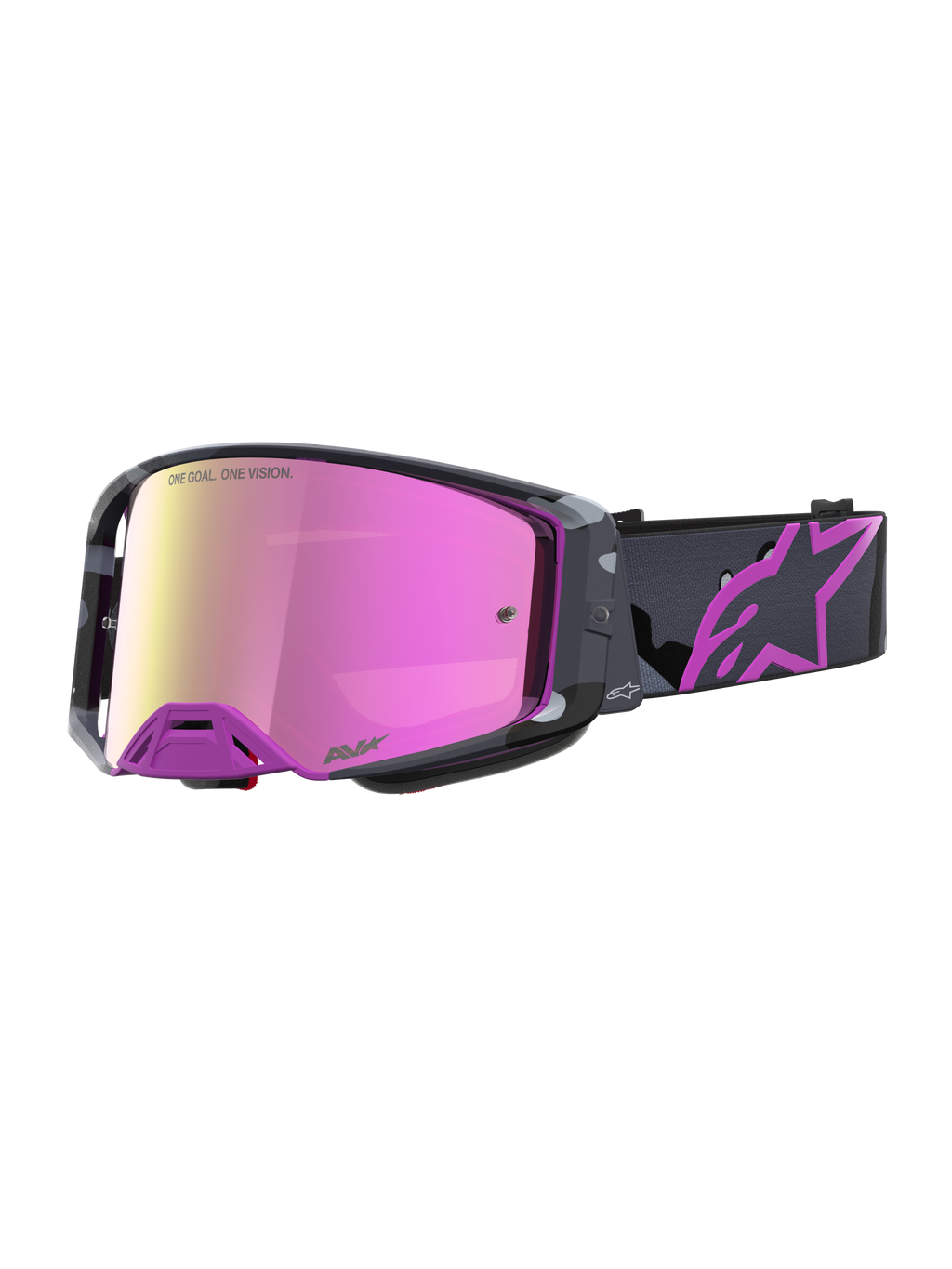 Alpinestars Supertech Lone Limited Edition veiligheidsbril, motorcrossbril, paarse camouflage en roze spiegelende lens, geprinte band met Astars-logo