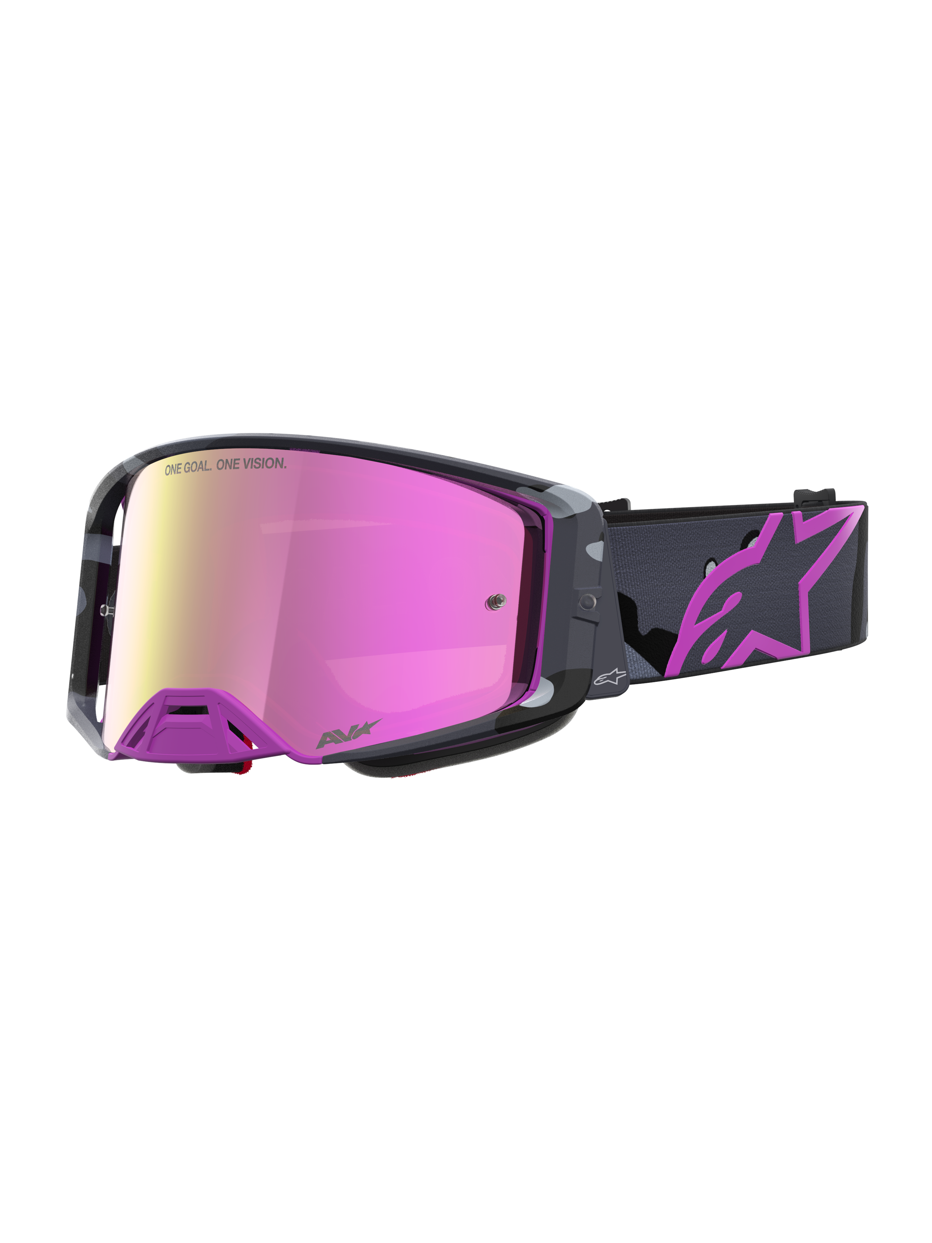 Alpinestars Supertech Lone Limited Edition veiligheidsbril, motorcrossbril, paarse camouflage en roze spiegelende lens, geprinte band met Astars-logo