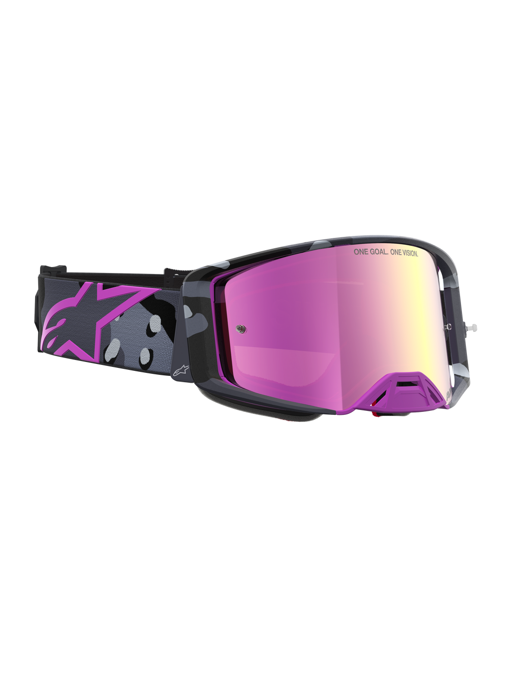 Alpinestars Supertech Lone Limited Edition veiligheidsbril, motocross-bril met spiegelroze lens en paarse camouflagestrap, hoog contrast en geavanceerde ventilatie