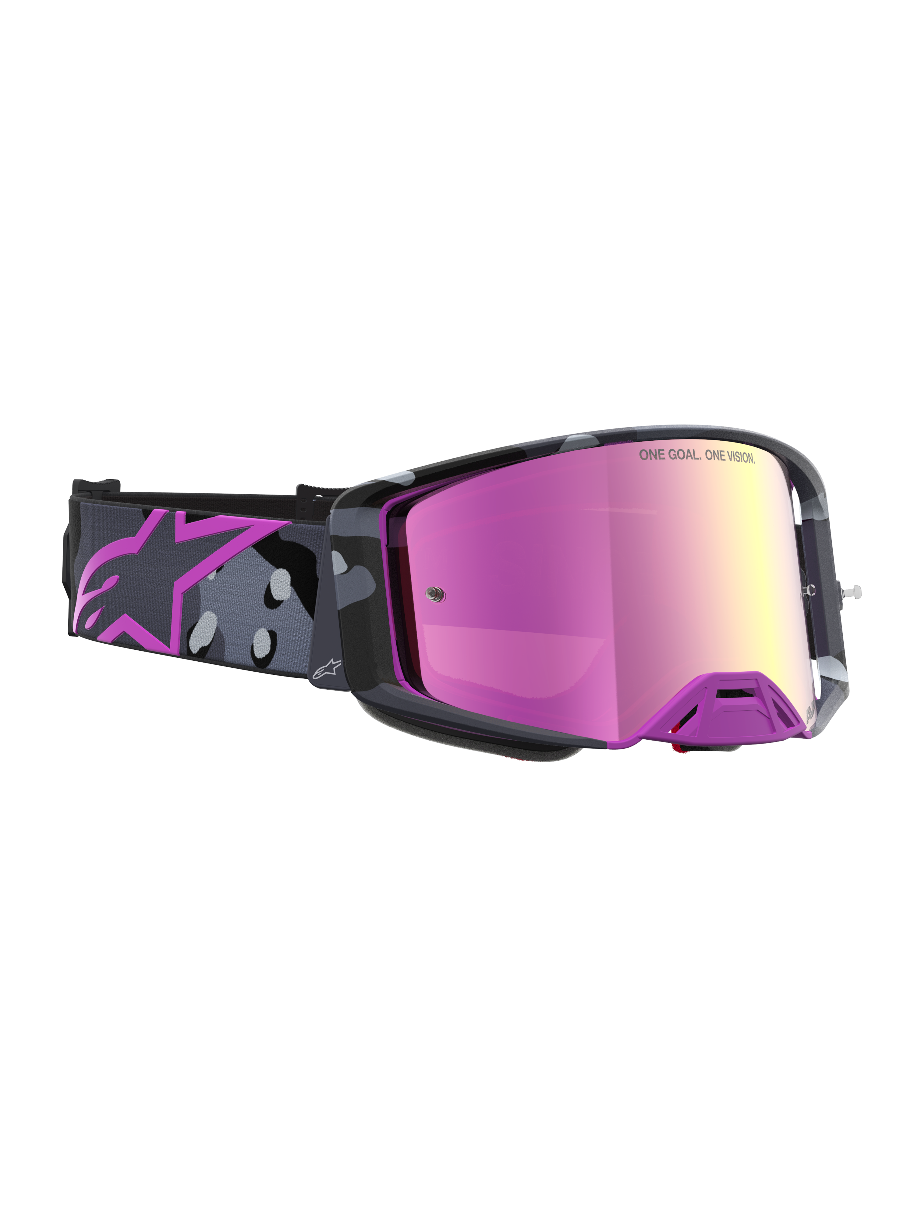 Alpinestars Supertech Lone Limited Edition veiligheidsbril, motocross-bril met spiegelroze lens en paarse camouflagestrap, hoog contrast en geavanceerde ventilatie