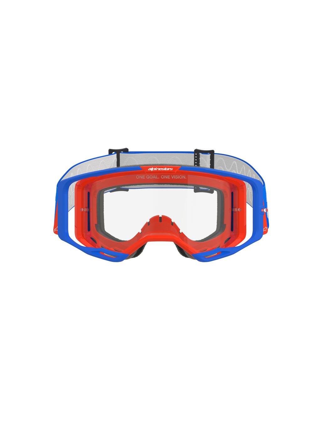 Alpinestars Vision 8 Wordmark motorcrossbril, blauw en oranje met heldere lens, vooraanzicht, voorzien van een tweekleurig flexibel frame, breed perifeer lensontwerp en 'One Goal. One Vision.'-branding op het bovenste binnenframe.