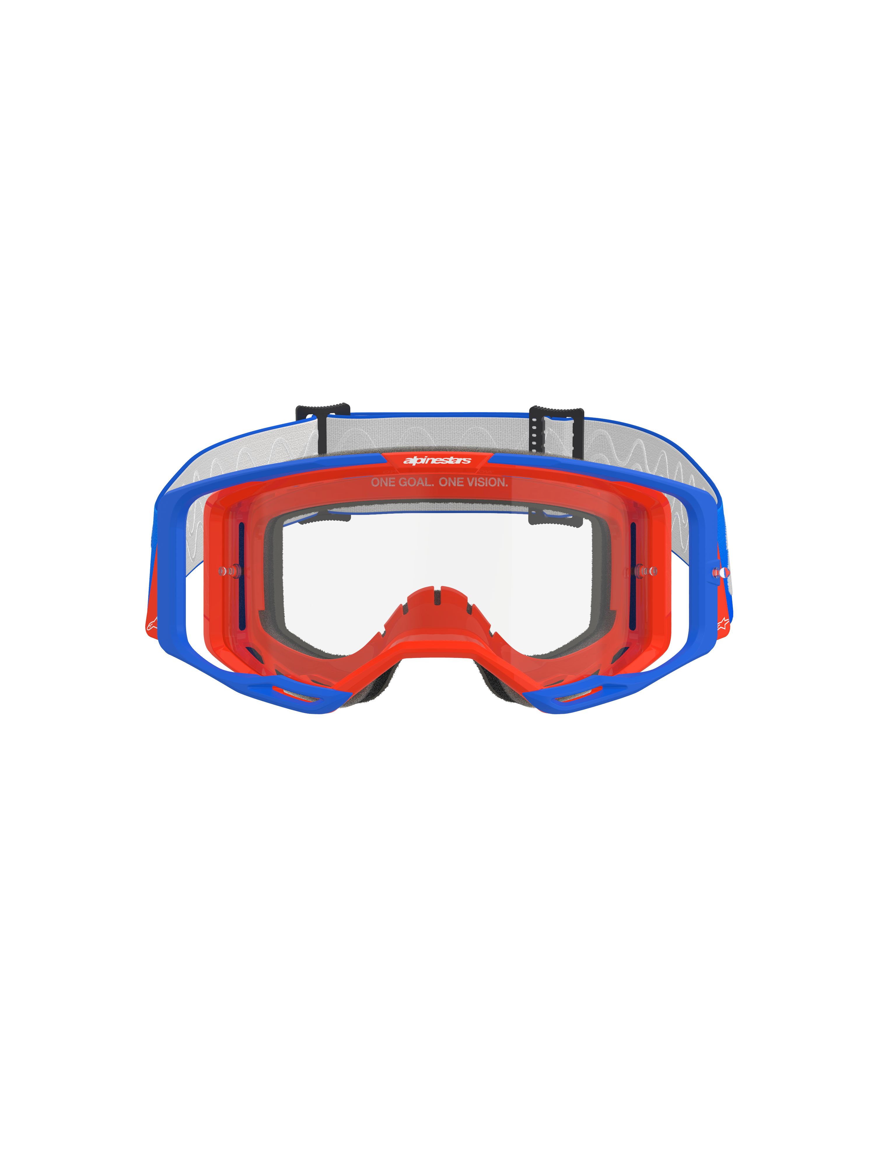 Alpinestars Vision 8 Wordmark motorcrossbril, blauw en oranje met heldere lens, vooraanzicht, voorzien van een tweekleurig flexibel frame, breed perifeer lensontwerp en 'One Goal. One Vision.'-branding op het bovenste binnenframe.