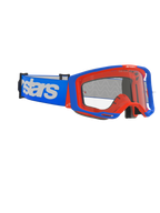 Alpinestars Vision 8 Wordmark Goggles, motorcross bril, blauw en oranje, heldere anti-condens lens, brede blauwe band met witte Alpinestars-branding, hoekig frame met outrigger-systeem, high-performance off-road racebril