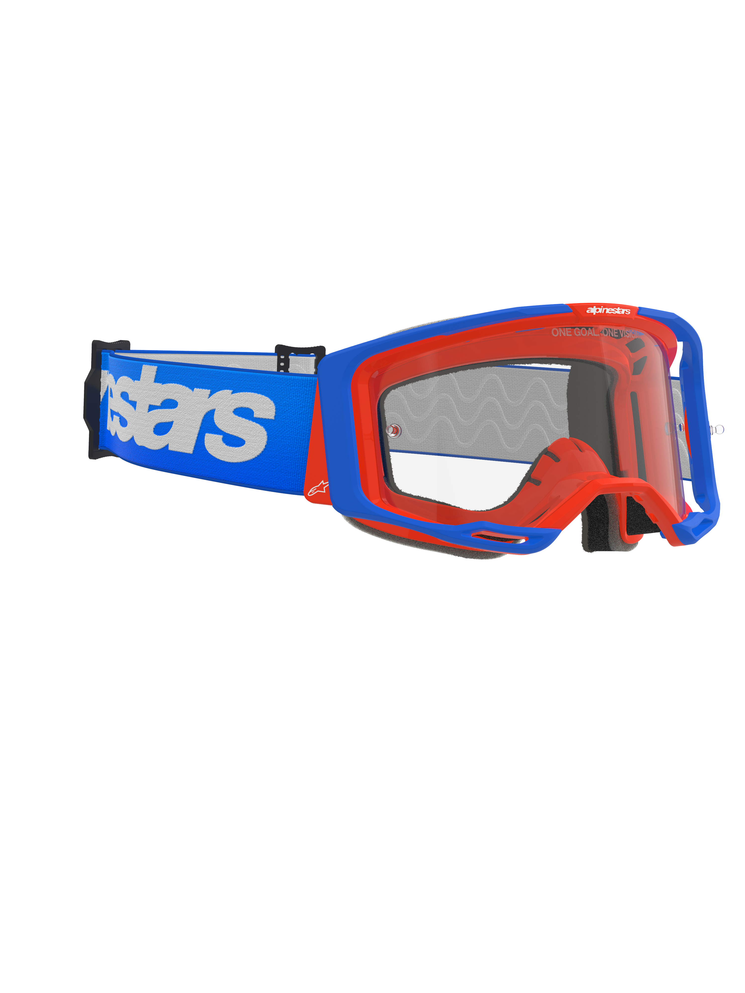 Alpinestars Vision 8 Wordmark Goggles, motorcross bril, blauw en oranje, heldere anti-condens lens, brede blauwe band met witte Alpinestars-branding, hoekig frame met outrigger-systeem, high-performance off-road racebril