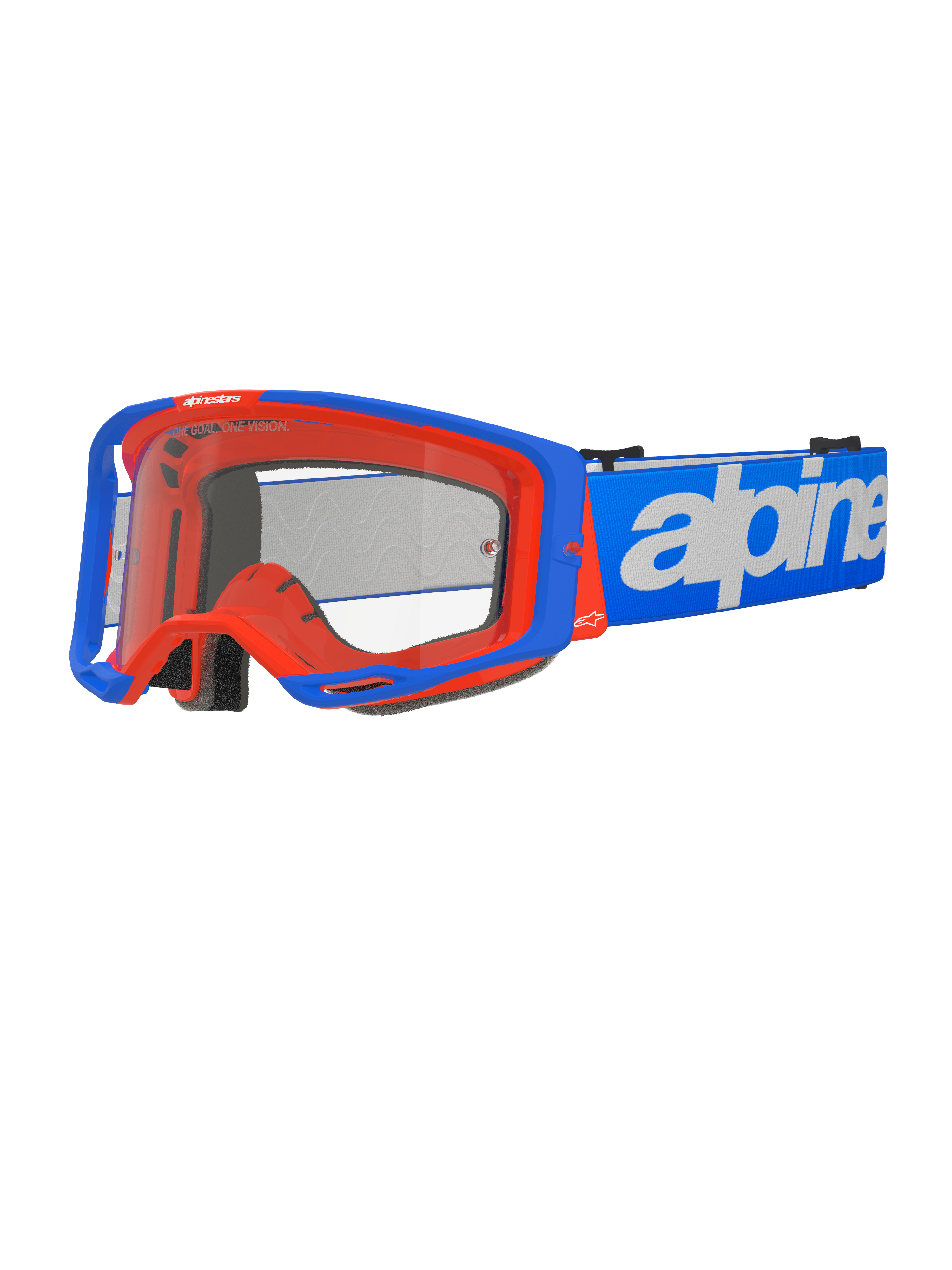 Alpinestars Vision 8 Wordmark crossbril, motorcrossbril, blauw en oranje, heldere lens, brede blauwe band met wit Alpinestars-woordmerk, zwarte padding, sportief ontwerp met zichtbare ventilatieopeningen voor off-road prestaties