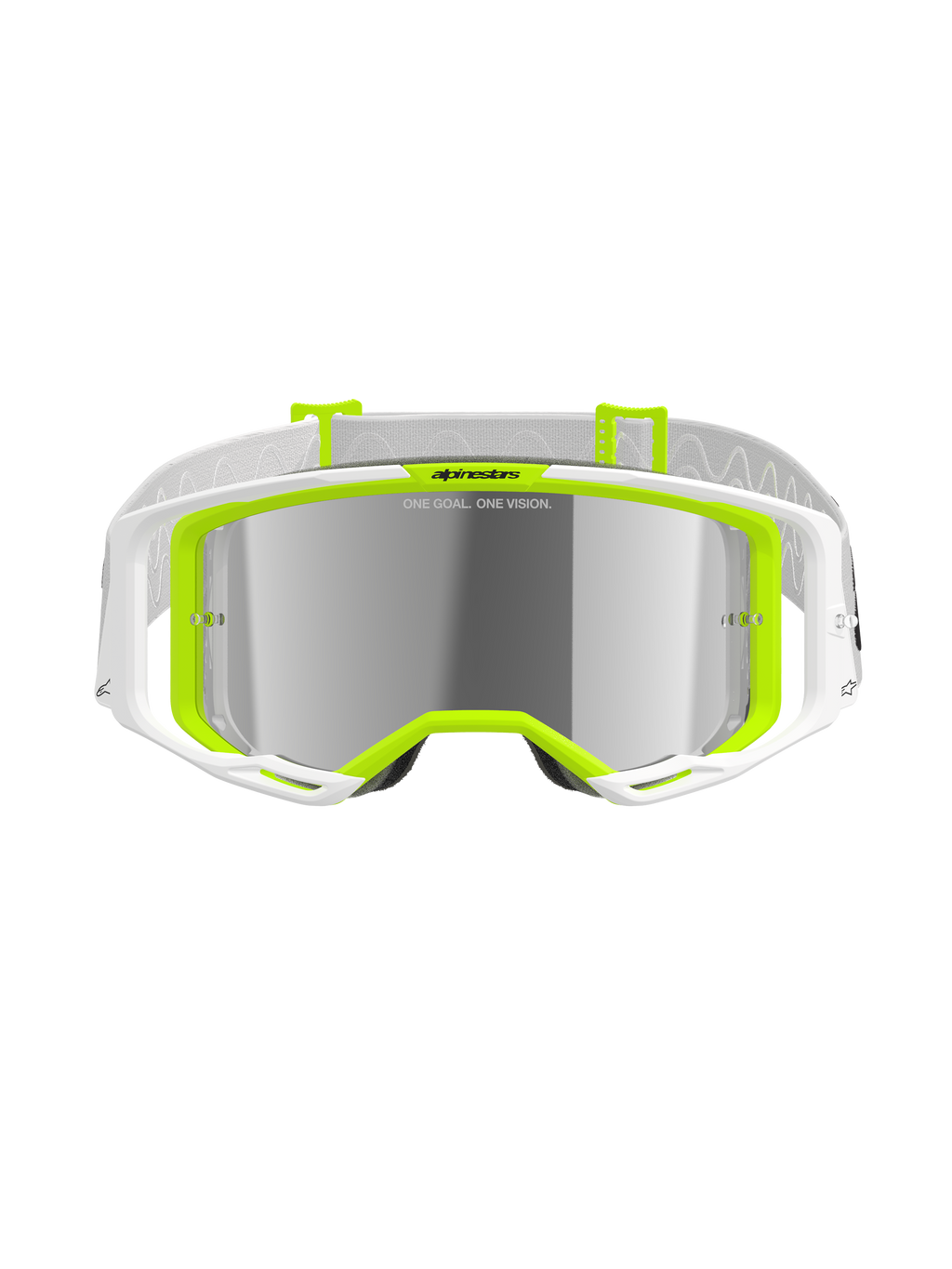 Alpinestars Vision 8 Wordmark motorcrossbril, wit en fluoriserend geel, silver mirror lens met 'ONE GOAL. ONE VISION.' tekst, breed gezichtsveld, witte band met grijze accenten, hoogwaardige off-road oogbescherming