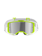 Alpinestars Vision 8 Wordmark motorcrossbril, wit en fluoriserend geel, silver mirror lens met 'ONE GOAL. ONE VISION.' tekst, breed gezichtsveld, witte band met grijze accenten, hoogwaardige off-road oogbescherming