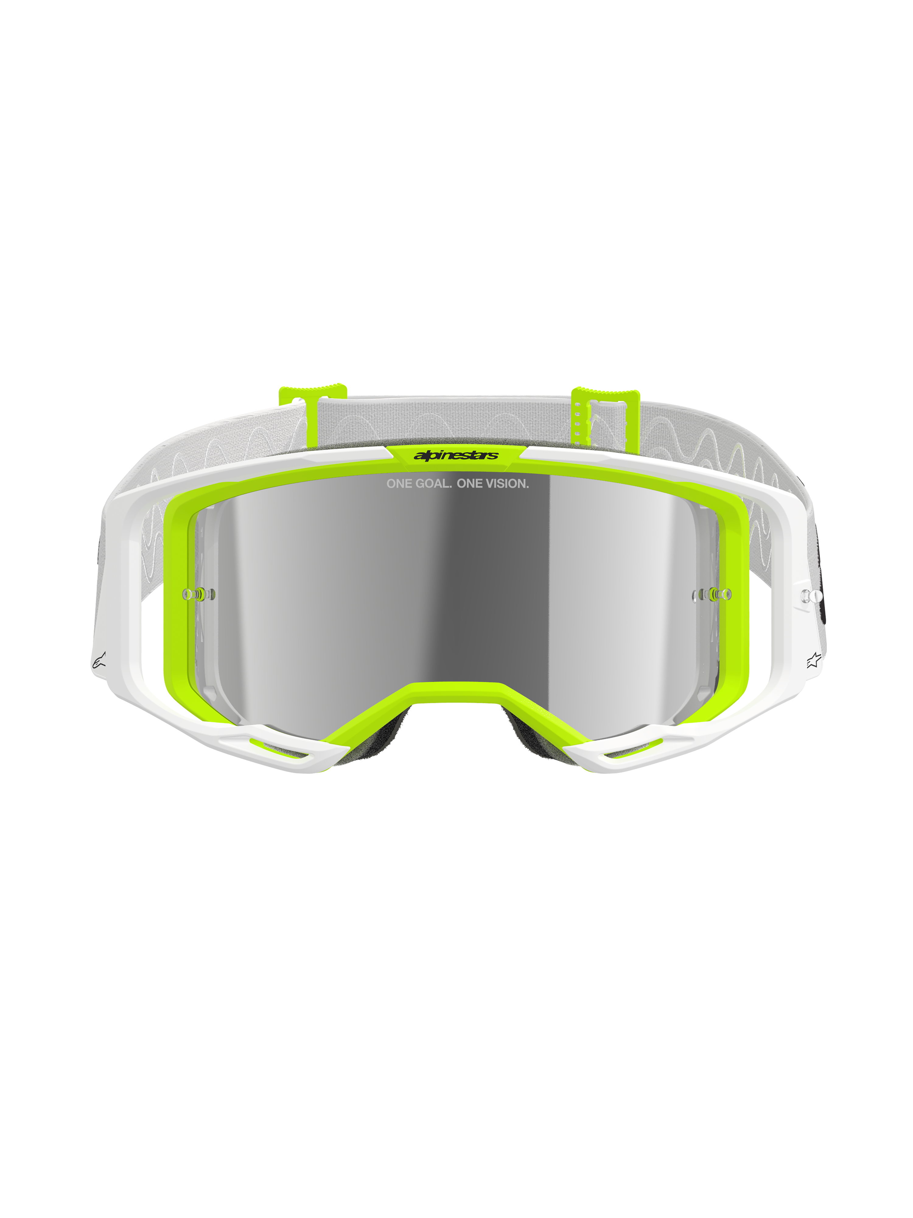 Alpinestars Vision 8 Wordmark motorcrossbril, wit en fluoriserend geel, silver mirror lens met 'ONE GOAL. ONE VISION.' tekst, breed gezichtsveld, witte band met grijze accenten, hoogwaardige off-road oogbescherming