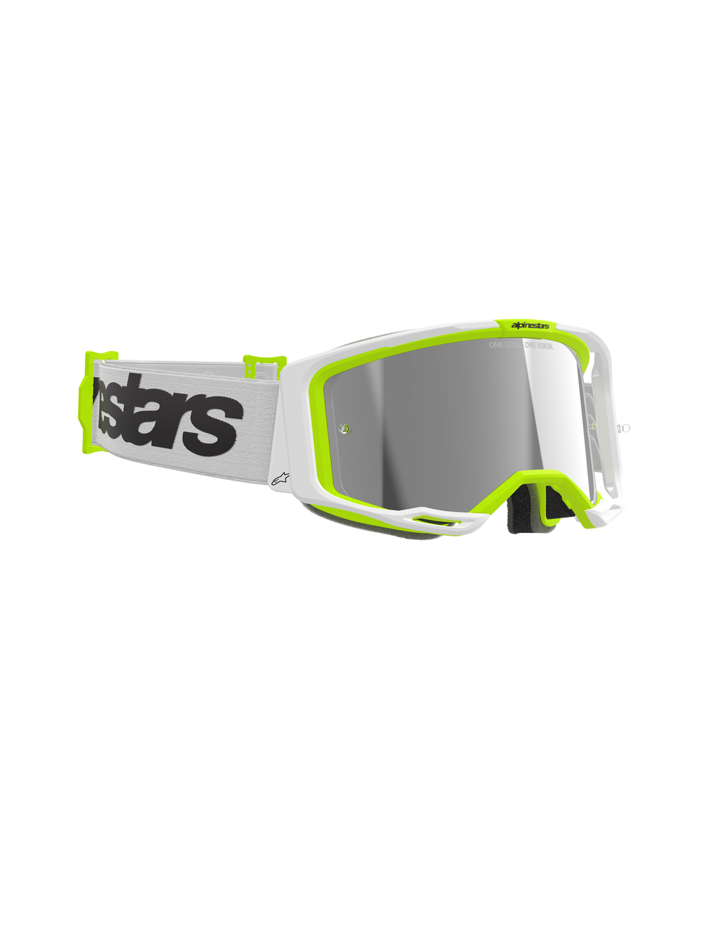 Alpinestars Vision 8 Wordmark crossbril, motorcrossbril, wit en fluogeel frame, zilveren spiegellens, witte geweven band met opvallende zwarte wordmark-branding, hoogwaardige oogbescherming voor off-road racing