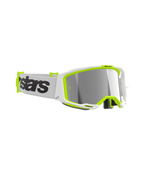 Alpinestars Vision 8 Wordmark crossbril, motorcrossbril, wit en fluogeel frame, zilveren spiegellens, witte geweven band met opvallende zwarte wordmark-branding, hoogwaardige oogbescherming voor off-road racing