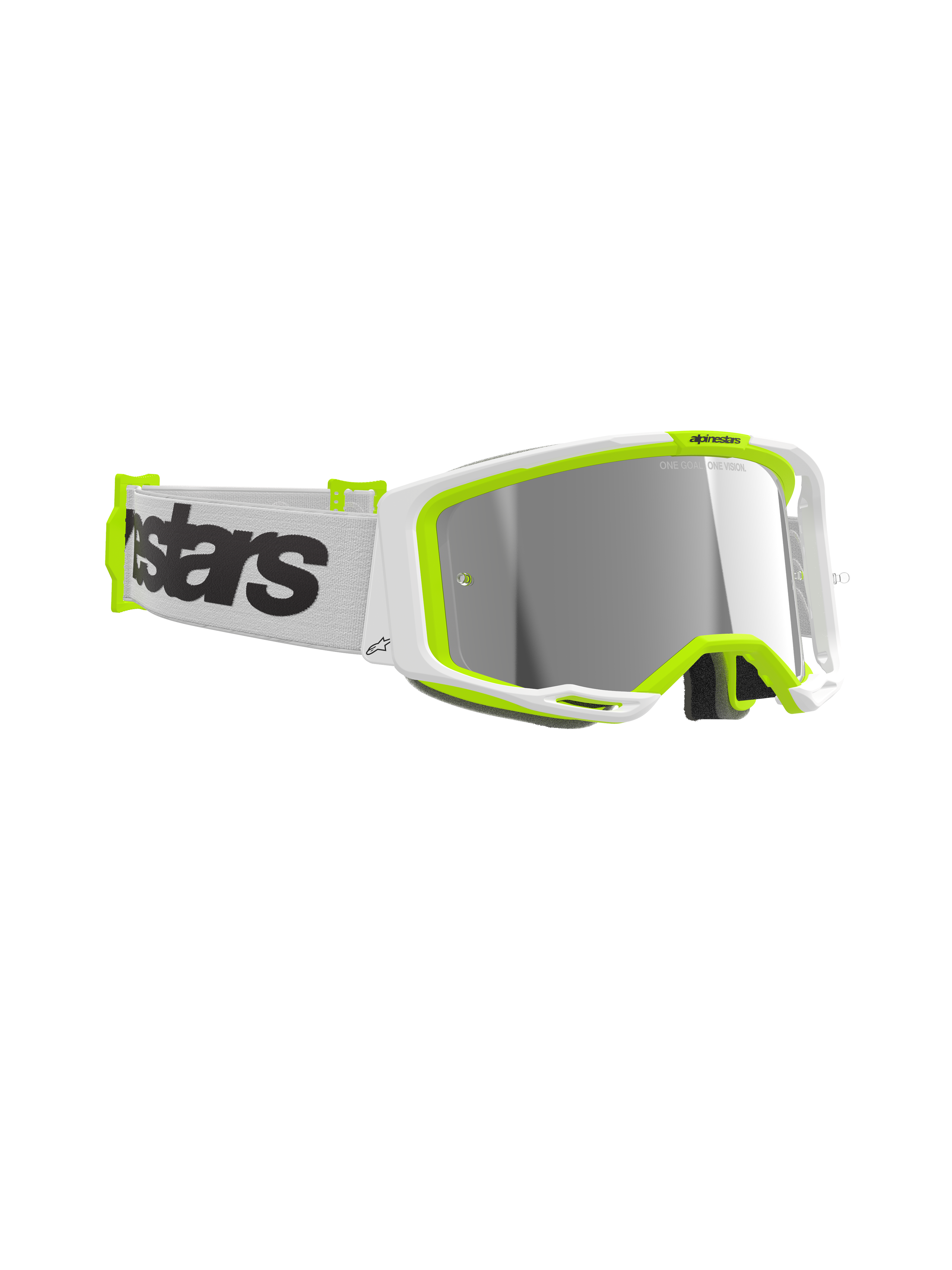 Alpinestars Vision 8 Wordmark crossbril, motorcrossbril, wit en fluogeel frame, zilveren spiegellens, witte geweven band met opvallende zwarte wordmark-branding, hoogwaardige oogbescherming voor off-road racing