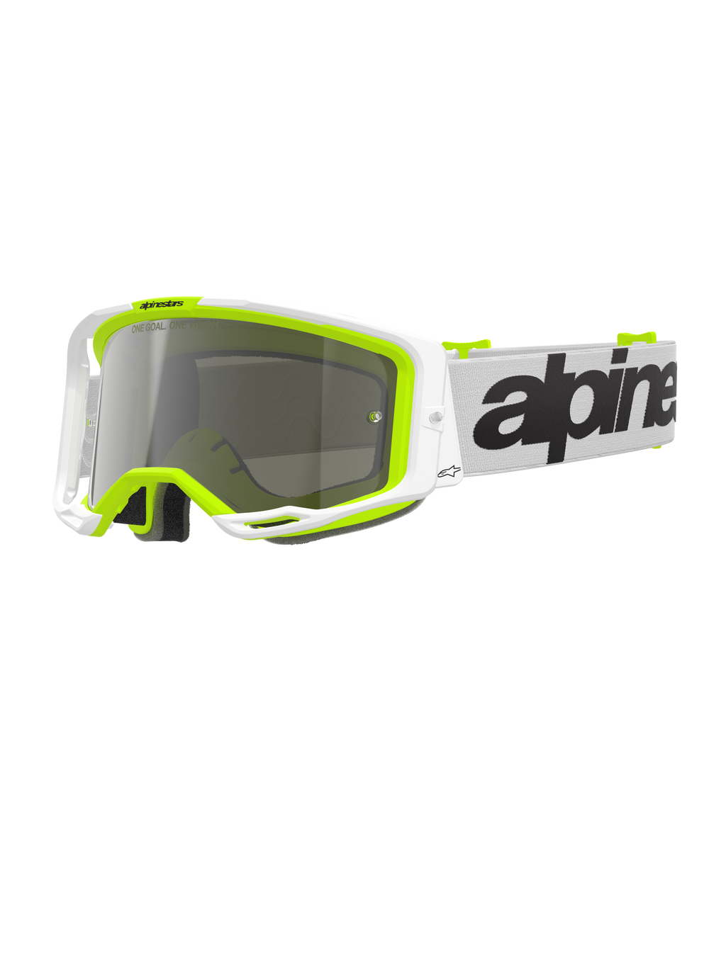 Alpinestars Vision 8 Wordmark-bril, motorcrossbril, wit en fluorgeel frame met zilveren spiegelglas, witte band met opvallende zwarte branding en A-FLEX-frame voor off-road prestaties