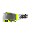 Alpinestars Vision 8 Wordmark-bril, motorcrossbril, wit en fluorgeel frame met zilveren spiegelglas, witte band met opvallende zwarte branding en A-FLEX-frame voor off-road prestaties