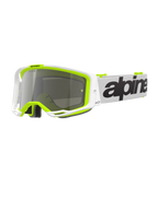 Alpinestars Vision 8 Wordmark-bril, motorcrossbril, wit en fluorgeel frame met zilveren spiegelglas, witte band met opvallende zwarte branding en A-FLEX-frame voor off-road prestaties