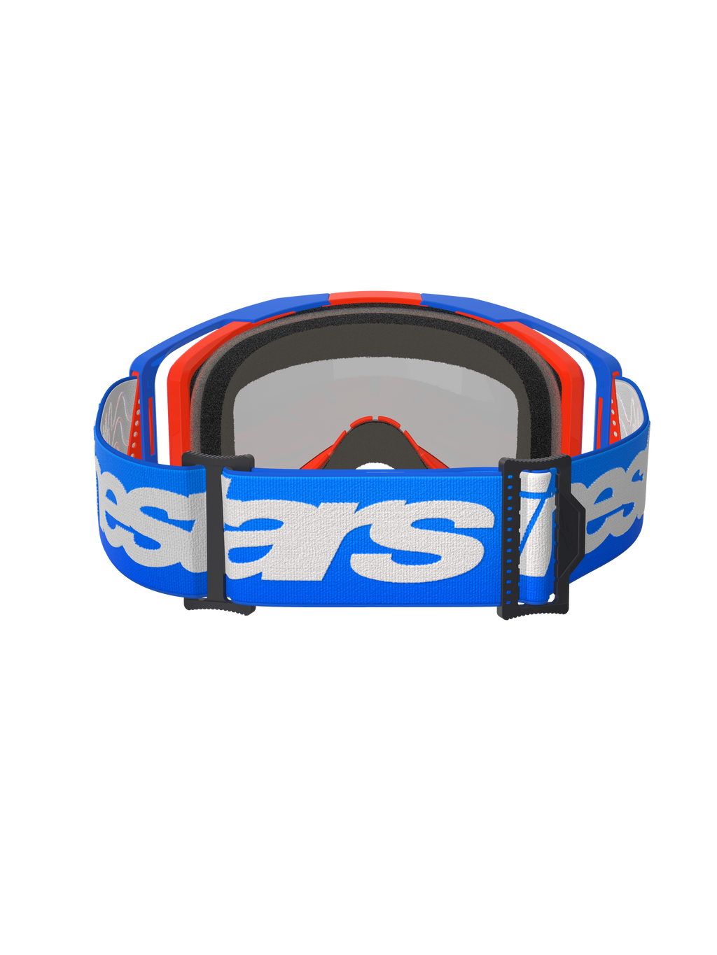 Alpinestars Vision 8 Wordmark Goggles, motorcrossbril, Blue Orange Mirror Red, achteraanzicht met een blauwe geweven band met wit Alpinestars woordmerk, intern 3D-gevormd gezichtsschuim en zwarte verstelgespen
