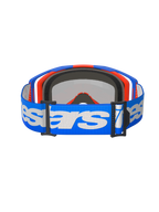 Alpinestars Vision 8 Wordmark Goggles, motorcrossbril, Blue Orange Mirror Red, achteraanzicht met een blauwe geweven band met wit Alpinestars woordmerk, intern 3D-gevormd gezichtsschuim en zwarte verstelgespen