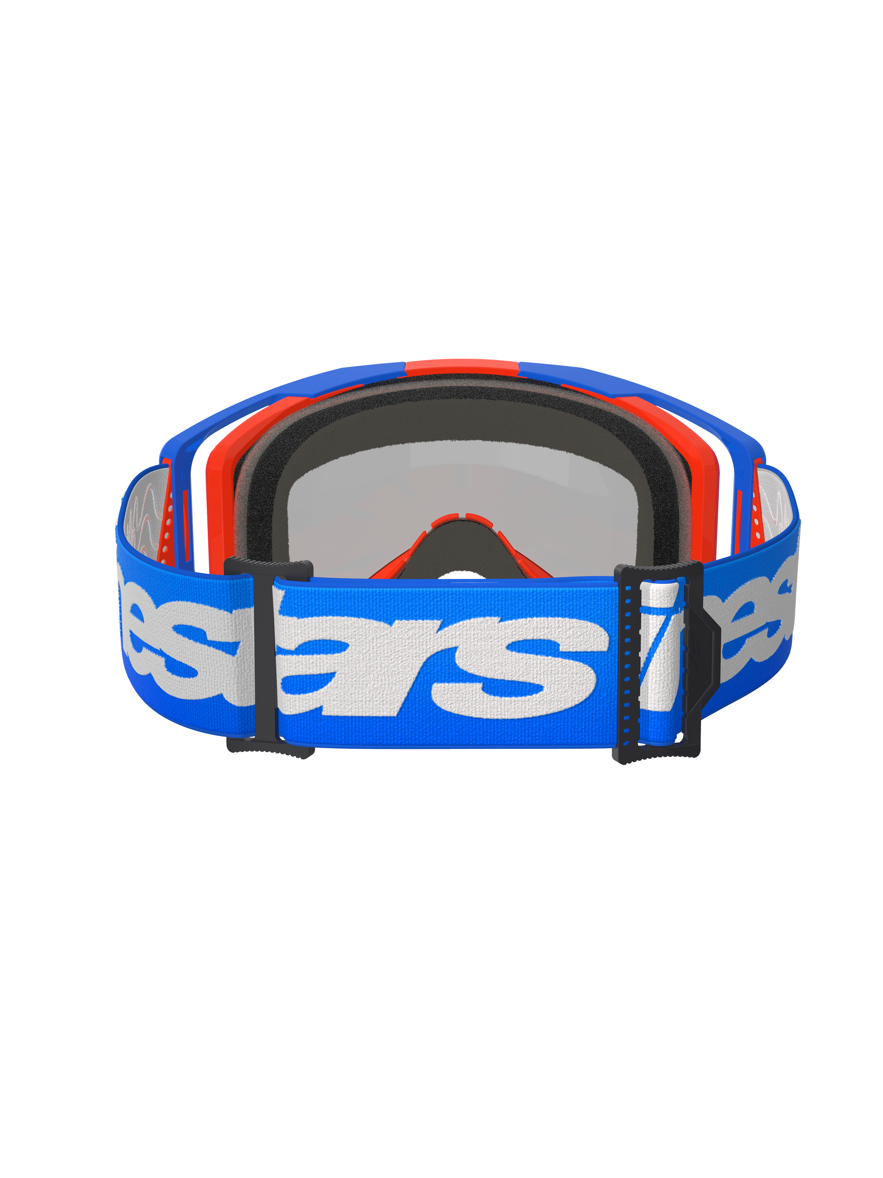 Alpinestars Vision 8 Wordmark Goggles, motorcrossbril, Blue Orange Mirror Red, achteraanzicht met een blauwe geweven band met wit Alpinestars woordmerk, intern 3D-gevormd gezichtsschuim en zwarte verstelgespen