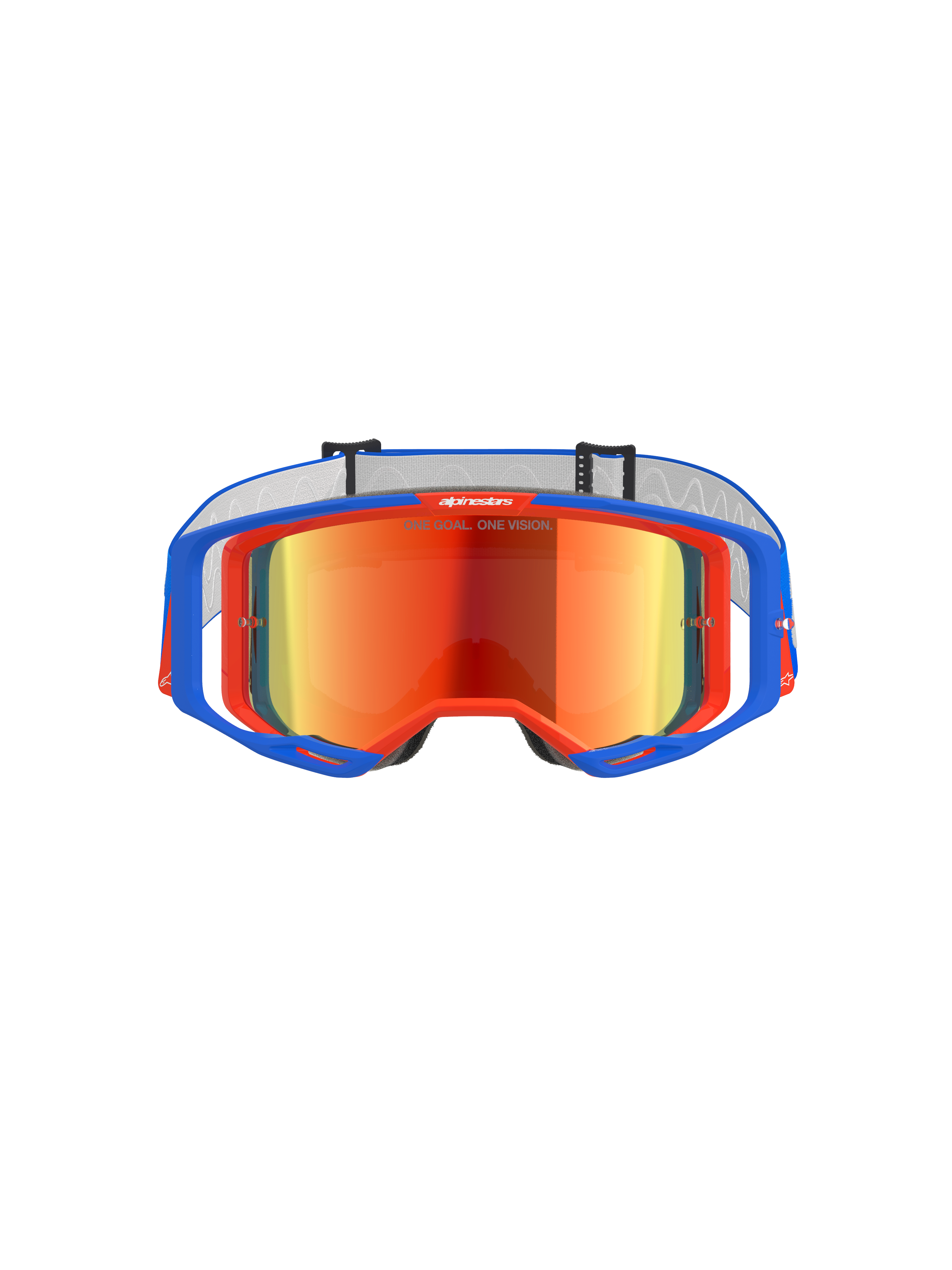 Alpinestars Vision 8 Wordmark Goggles, motorcrossbril, blauw en oranje met rode spiegelende lens, voorzien van een breed gezichtsveld en hoogwaardig A-FLEX frame voor off-road racing.