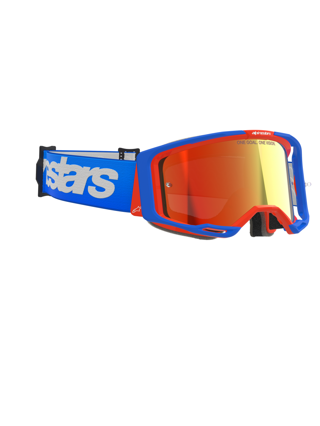 Alpinestars Vision 8 Wordmark crossbril, motocrossbril, blauw en oranje frame met rode Mirror lens, blauwe band met grote witte Alpinestars-branding, hoogwaardige beschermende oogbescherming voor off-road racen