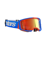 Alpinestars Vision 8 Wordmark crossbril, motocrossbril, blauw en oranje frame met rode Mirror lens, blauwe band met grote witte Alpinestars-branding, hoogwaardige beschermende oogbescherming voor off-road racen