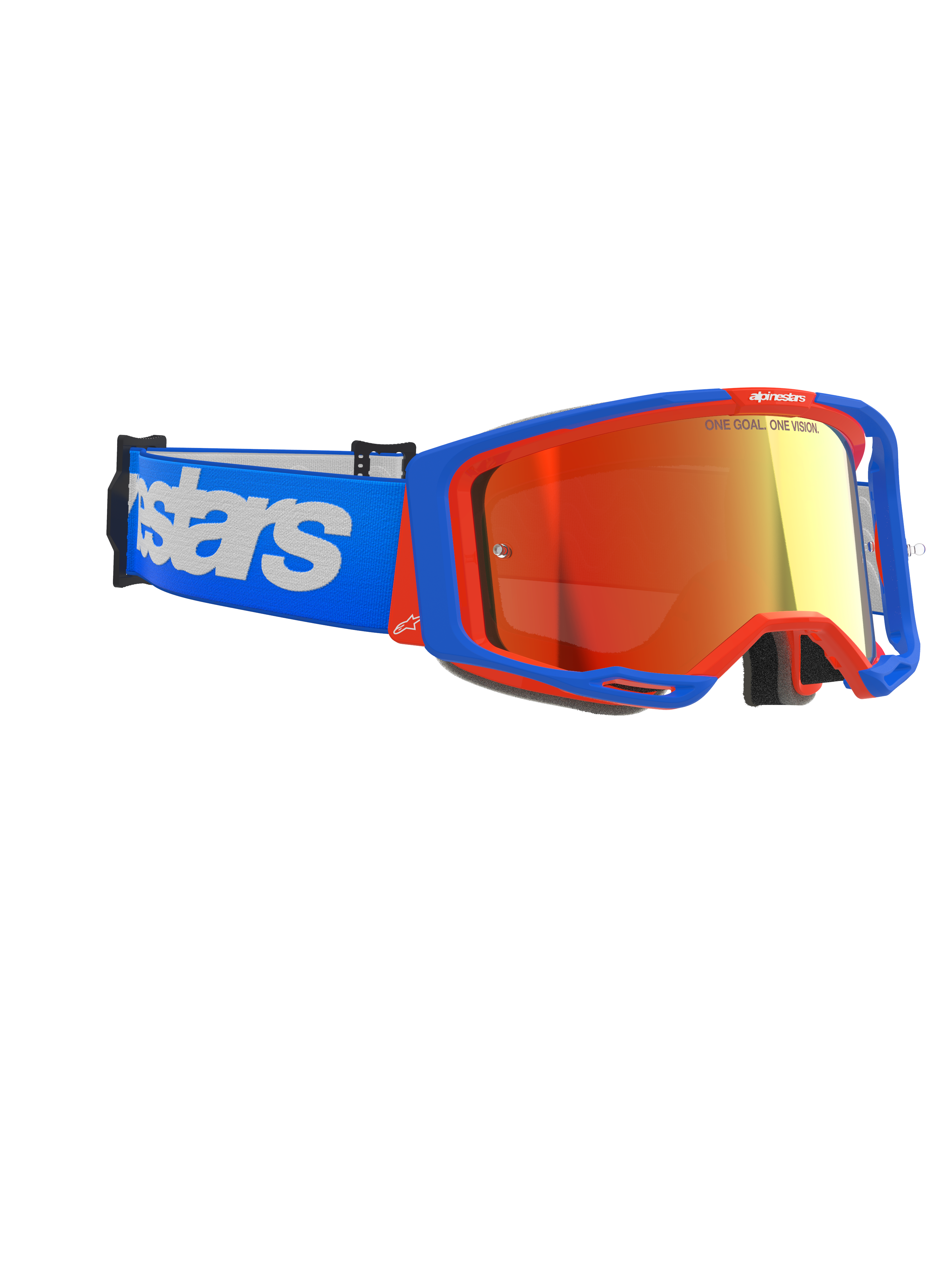 Alpinestars Vision 8 Wordmark crossbril, motocrossbril, blauw en oranje frame met rode Mirror lens, blauwe band met grote witte Alpinestars-branding, hoogwaardige beschermende oogbescherming voor off-road racen