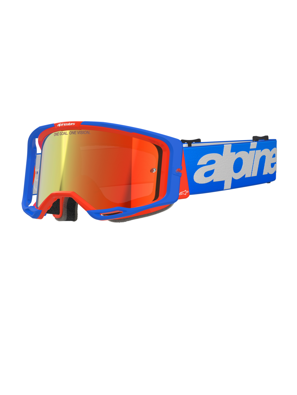 Alpinestars Vision 8 Wordmark motorcrossbril, motorcrossbril, blauw en oranje met rode spiegelende lens, breed gezichtsveld, blauwe verstelbare band met opvallend wit tekstlogo, schuimvulling en ventilatie voor off-road rijden