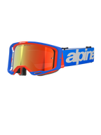 Alpinestars Vision 8 Wordmark motorcrossbril, motorcrossbril, blauw en oranje met rode spiegelende lens, breed gezichtsveld, blauwe verstelbare band met opvallend wit tekstlogo, schuimvulling en ventilatie voor off-road rijden