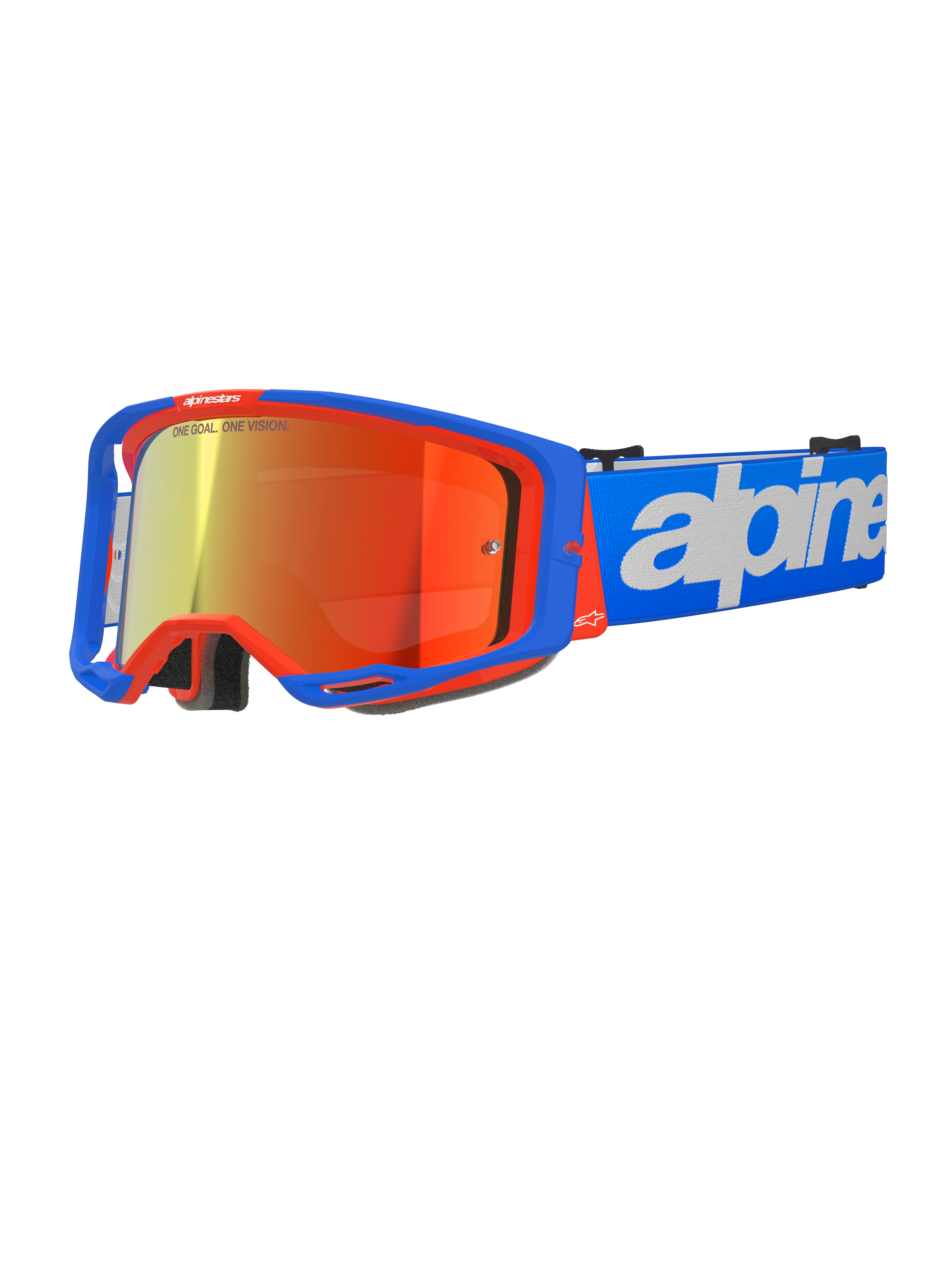 Alpinestars Vision 8 Wordmark motorcrossbril, motorcrossbril, blauw en oranje met rode spiegelende lens, breed gezichtsveld, blauwe verstelbare band met opvallend wit tekstlogo, schuimvulling en ventilatie voor off-road rijden