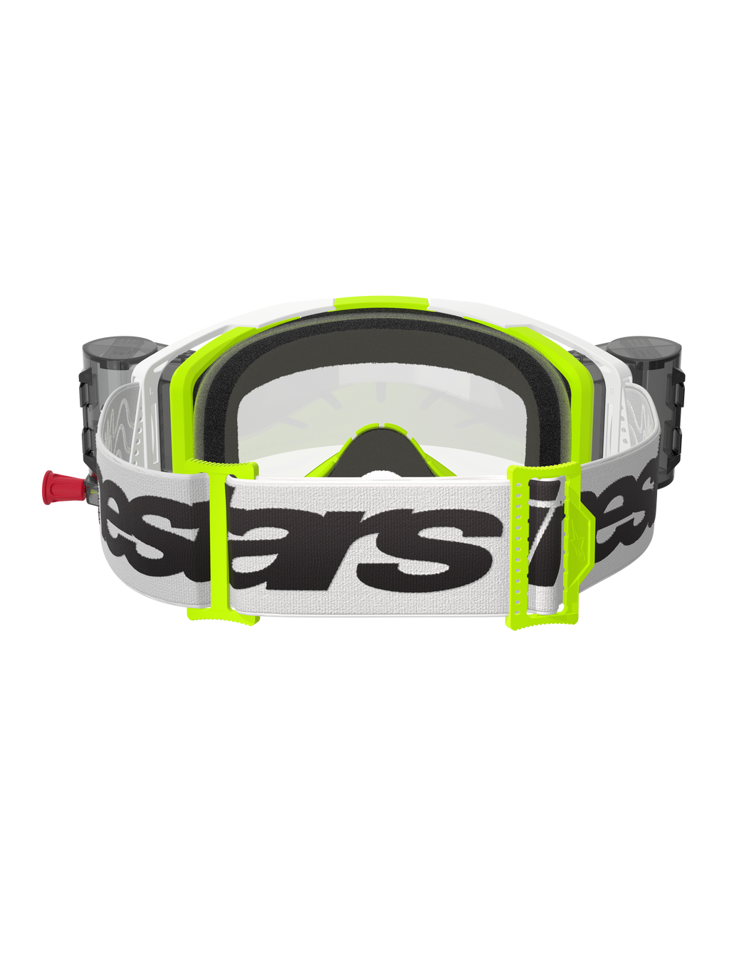 Alpinestars Vision 8 Wordmark Roll Off motorcrossbril, wit en fluorgeel, achteraanzicht met witte band met zwart woordmerk, neongele gespen, zwart 3D-gevormd gezichtsschuim en geïntegreerde canisters van het roll-off systeem