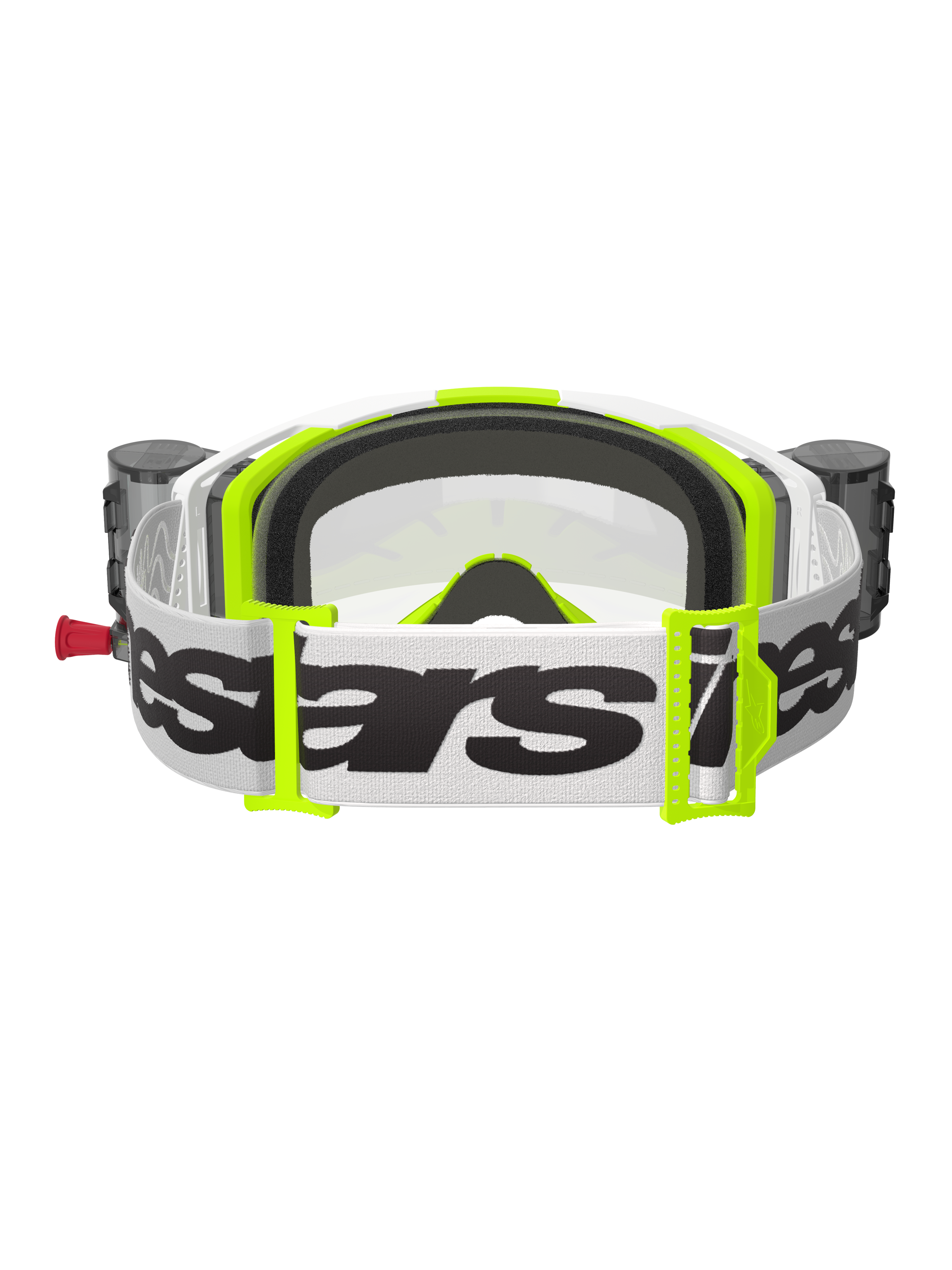 Alpinestars Vision 8 Wordmark Roll Off motorcrossbril, wit en fluorgeel, achteraanzicht met witte band met zwart woordmerk, neongele gespen, zwart 3D-gevormd gezichtsschuim en geïntegreerde canisters van het roll-off systeem