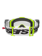 Alpinestars Vision 8 Wordmark crossbril, achteraanzicht, wit en fluo geel, voorzien van een geïntegreerd Roll-Off systeem met canisters, brede witte geweven band met zwart Alpinestars logo, 3D-gevormd gezichtsschuim en heldere lens