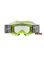 Alpinestars Vision 8 Wordmark Roll-Off crossbril, wit en fluorgeel frame, heldere lens met geïntegreerde roll-off canisters, witte geweven band, voorzien van 'ONE GOAL. ONE VISION.' branding, professionele motorcross oogbescherming